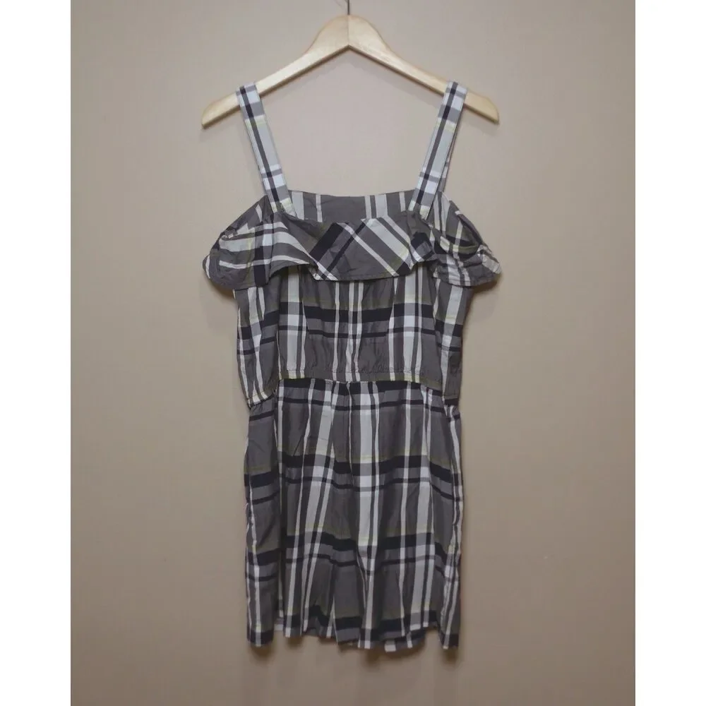 Banana Republic Plaid Cold Shoulder Romper Large Gray Ruffle Preppy Cottagecore